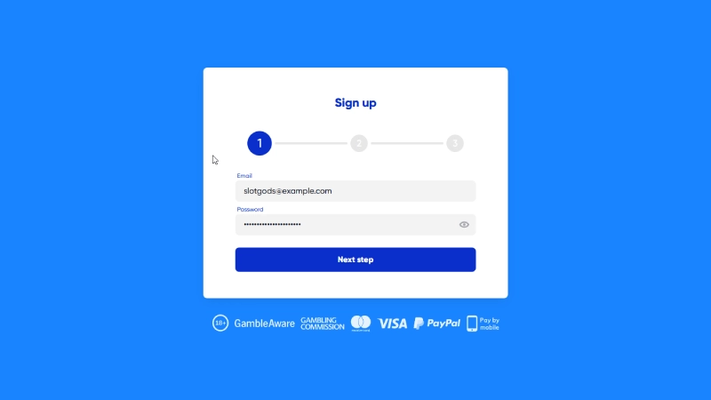 An example of a slot site's sign up form