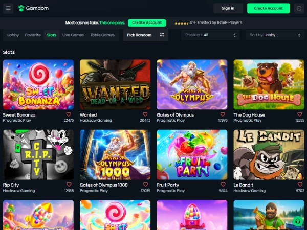 Gamdom's slots lobby