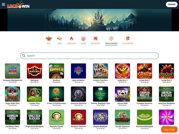 A screenshot of Locowin's live casino games