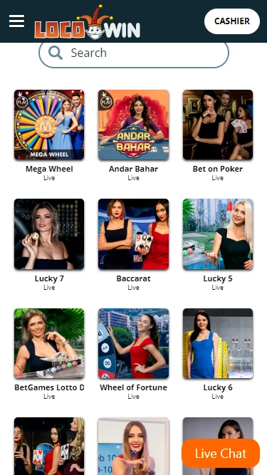 A screenshot of Locowin's live casino games