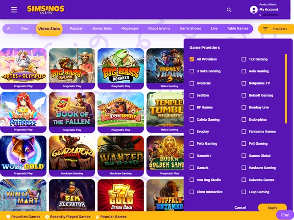 A screenshot of Simsinos Casino's developers list