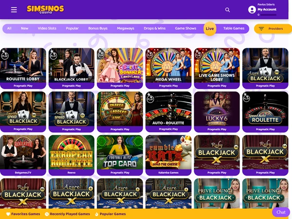 A screenshot of Simsinos Casino's live casino section