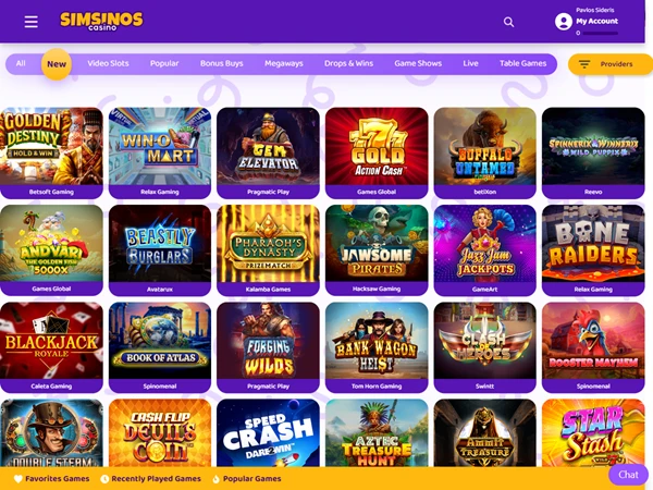 A screenshot of Simsinos Casino's new slot selection