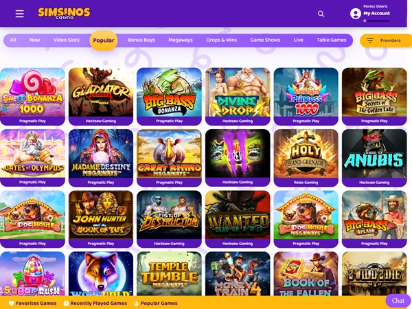 A screenshot of Simsinos Casino's popular slots section
