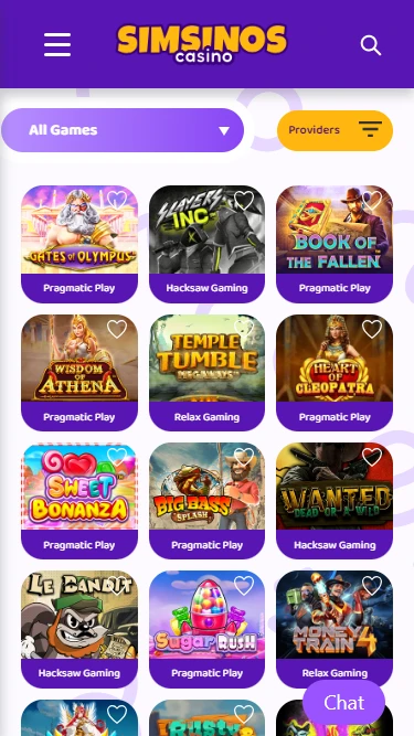 A screenshot of Simsinos Casino's homepage