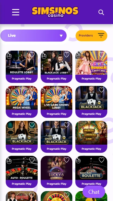 A screenshot of Simsinos Casino's live casino section