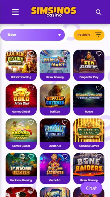 A screenshot of Simsinos Casino's new slot selection