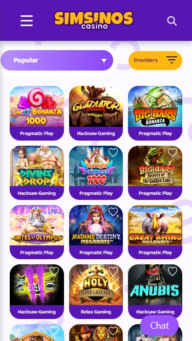 A screenshot of Simsinos Casino's popular slots section