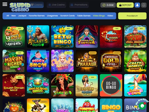 A screenshot of Stupid Casino's bingo selection