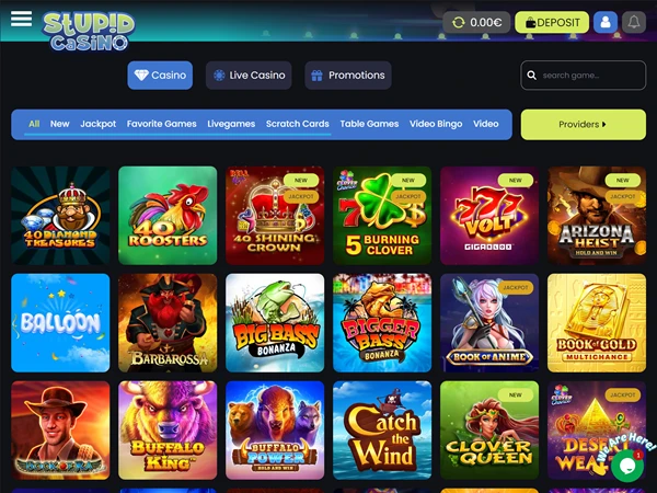 A screenshot of Stupid Casino's main casino page