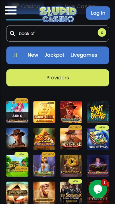 A screenshot of Stupid Casino's 'Book of slot' collection