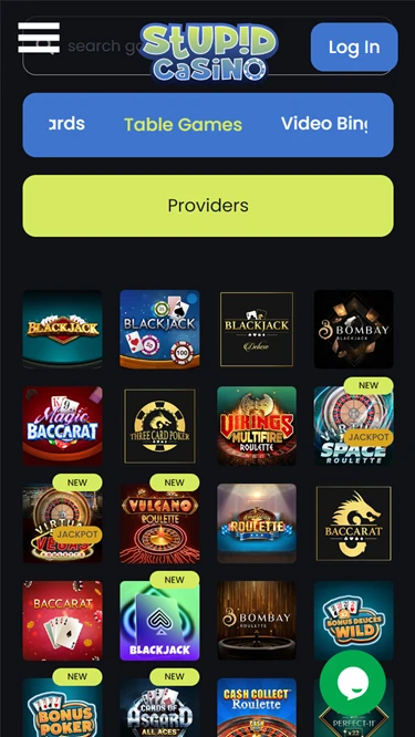 A screenshot of Stupid Casino's live casino collection