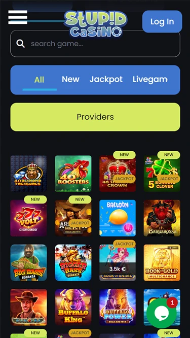 A screenshot of Stupid Casino's main casino page