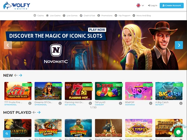 A screenshot of Wolfy Casino's homepage