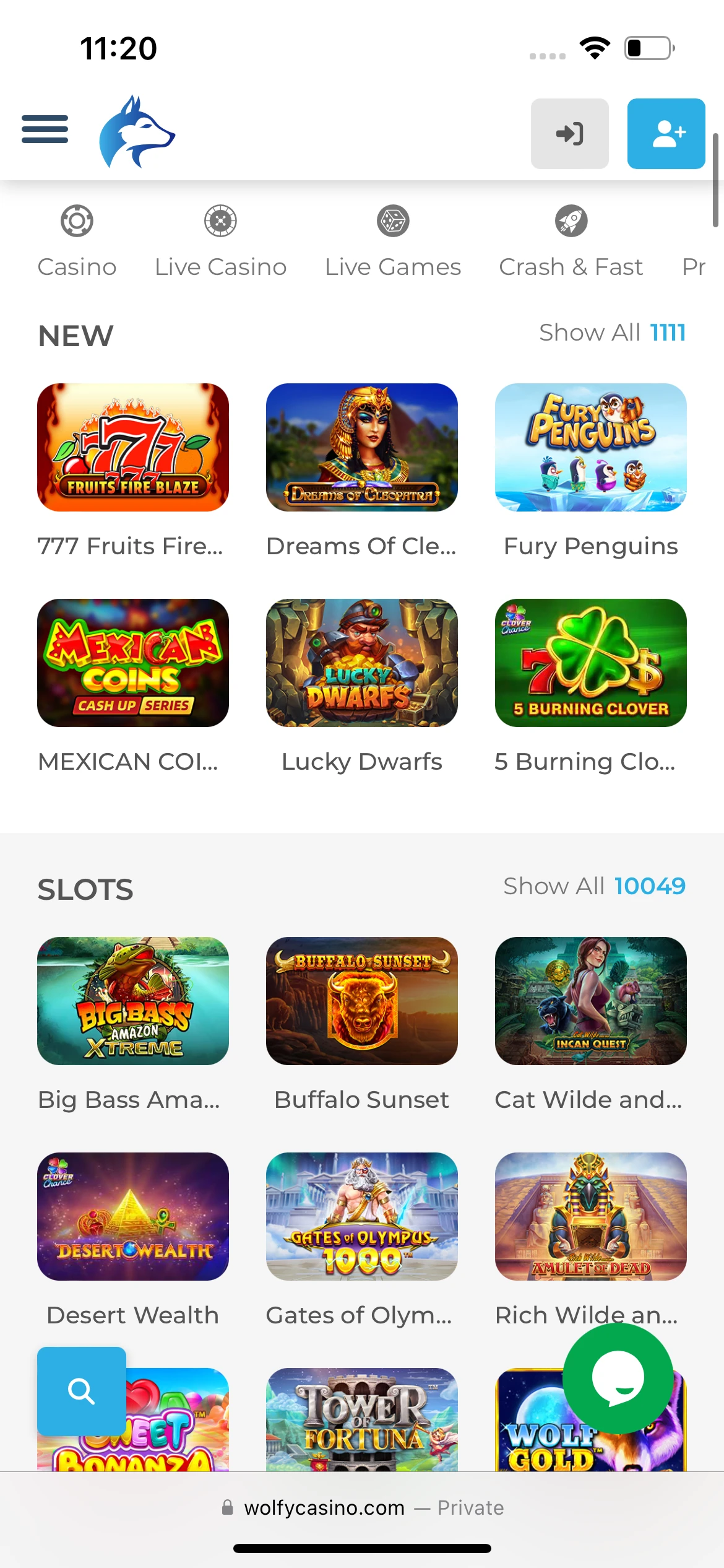 A screenshot of Wolfy Casino's homepage