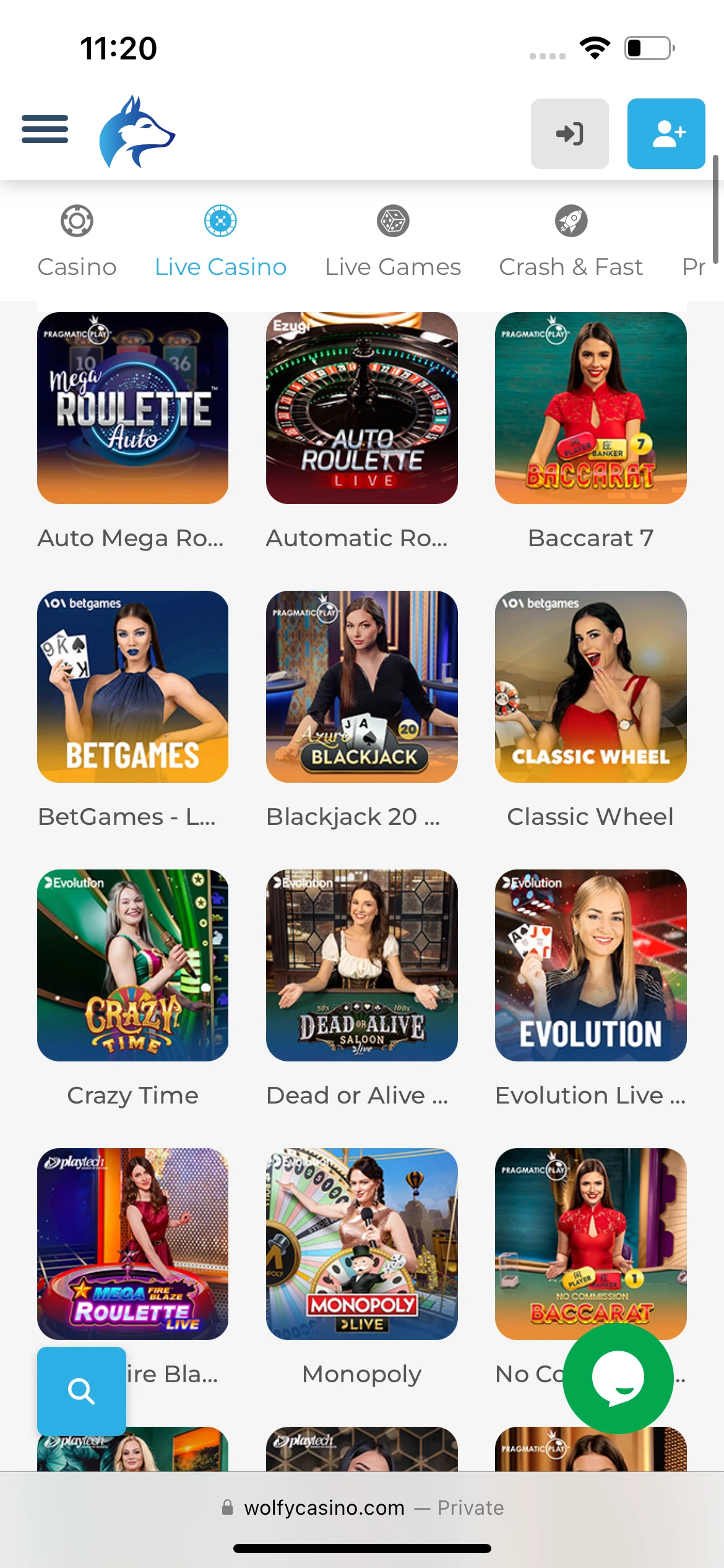 A screenshot of Wolfy Casino's live casino page