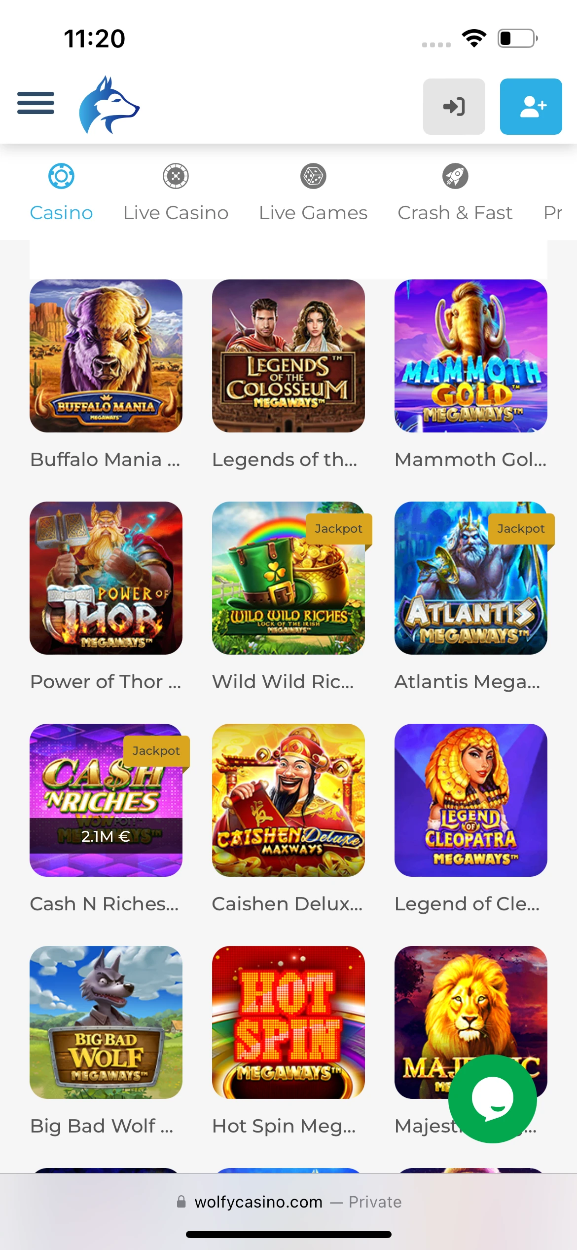 A screenshot of Wolfy Casino's Megaways slots page