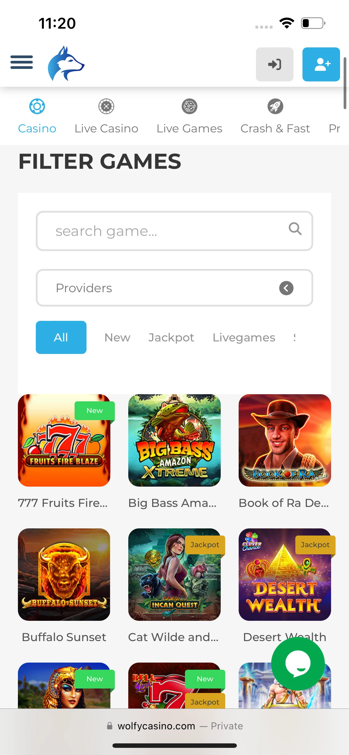 A screenshot of Wolfy Casino's slots page