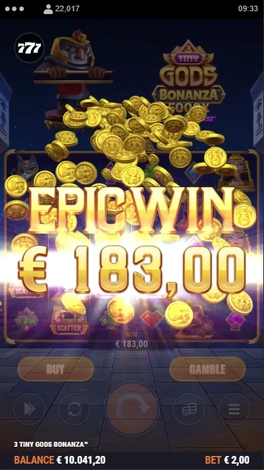 A screenshot of a big win on 3 Tiny Gods Bonanza slot