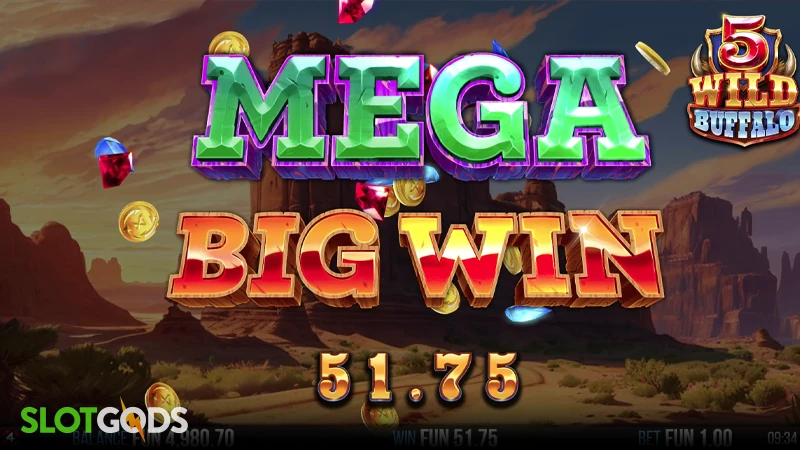 A screenshot of a big win in 5 Wild Buffalo slot