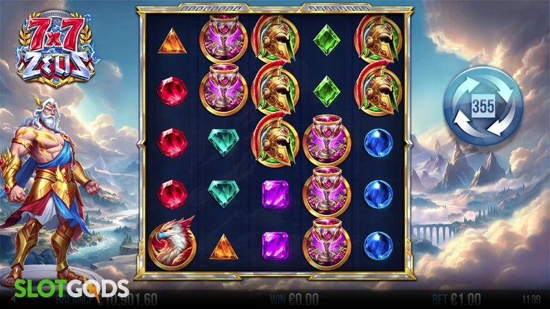 A screenshot of 7x7 Zeus slot gameplay