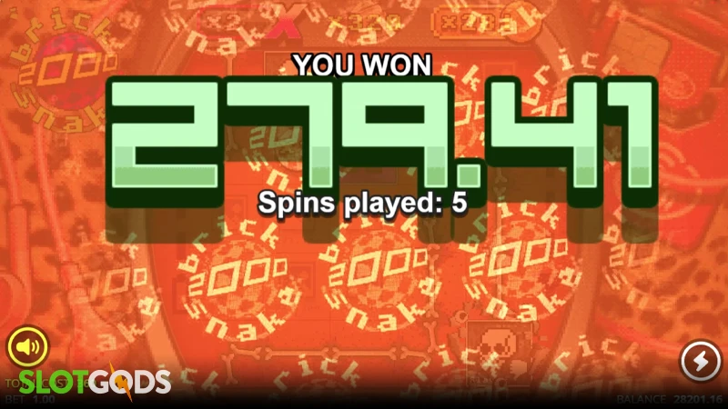 A screenshot of a big win in Brick Snake 2000