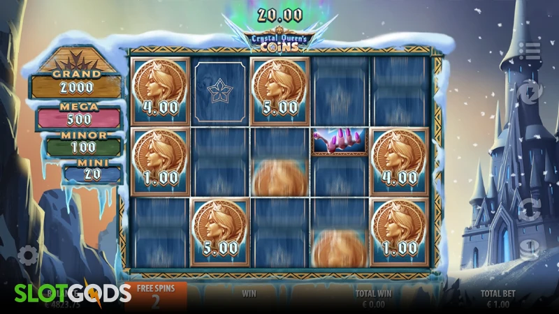 A screenshot of Crystal Queen's Coin slot bonus gameplay