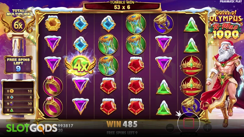 A screenshot of Gates of Olympus Xmas 1000 slot free spins gameplay
