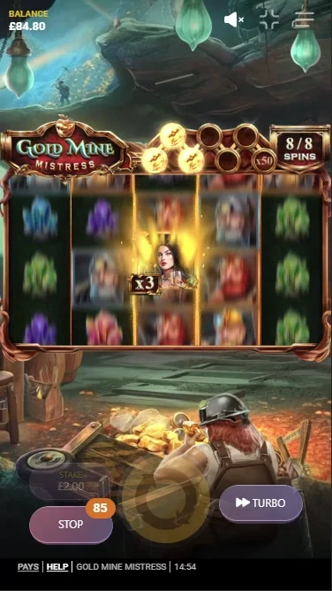 A screenshot of Gold Mine Mistress slot gameplay
