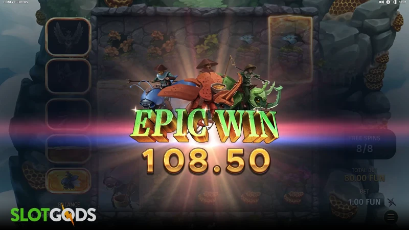 A screenshot of a big win in Honey Hunters slot