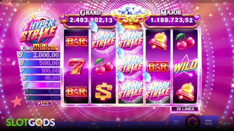 A screenshot of Hyper Strike King Millions slot feature gameplay