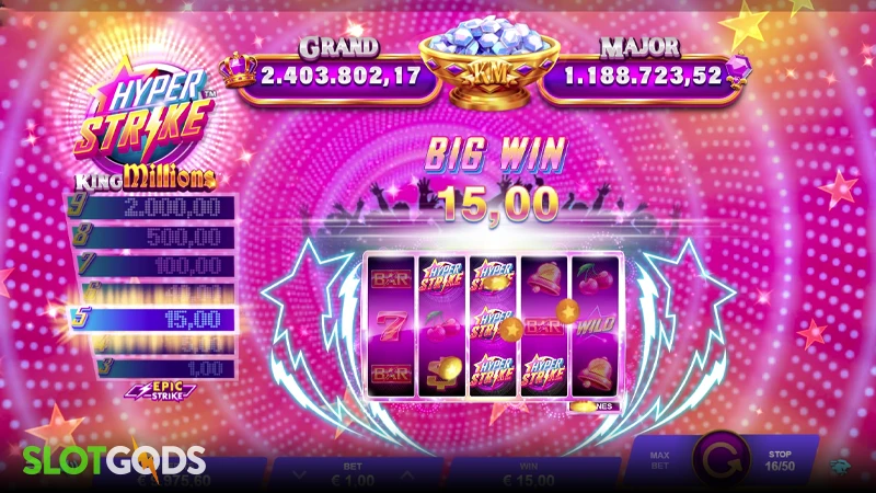 A screenshot of a big win in Hyper Strike King Millions