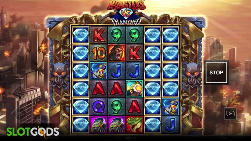 A screenshot of Monsters vs Diamonds slot gameplay