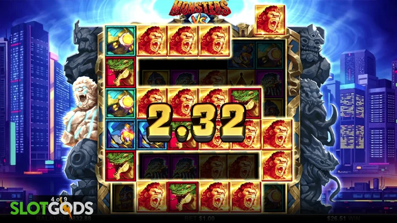 A screenshot of Monsters vs Diamonds slot feature gameplay