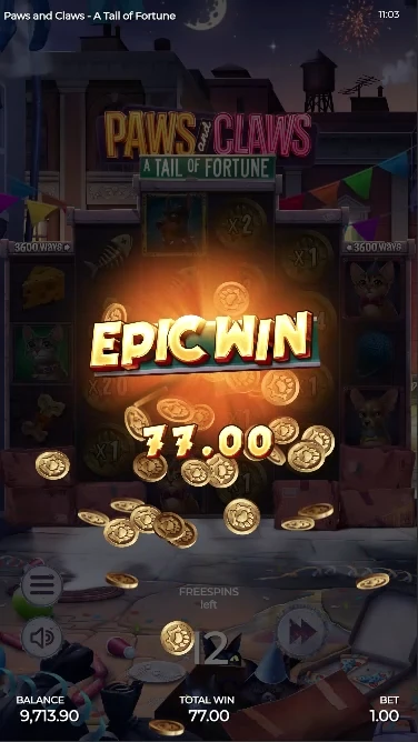 A screenshot of a big win in Paws and Claws