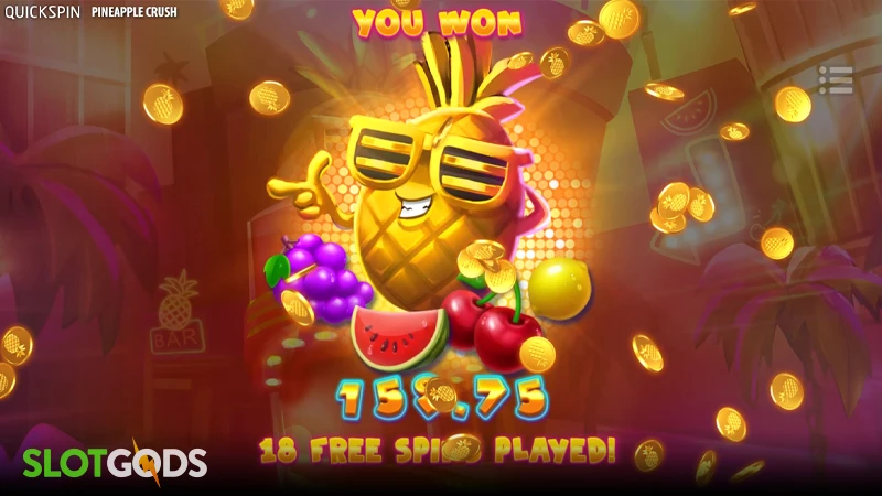 A screenshot of a big win in Pineapple Crush slot