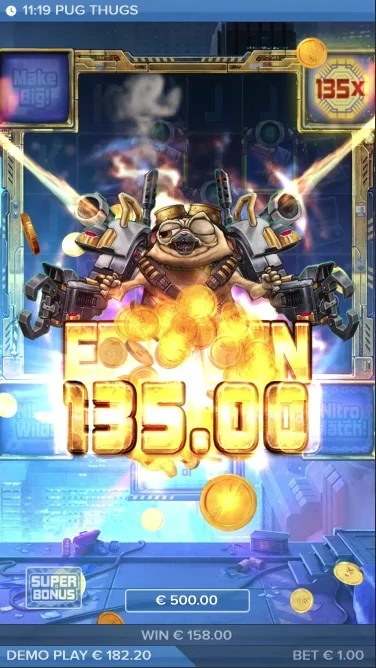 A screenshot of a big win in Pug Thugs of Nitropolis slot